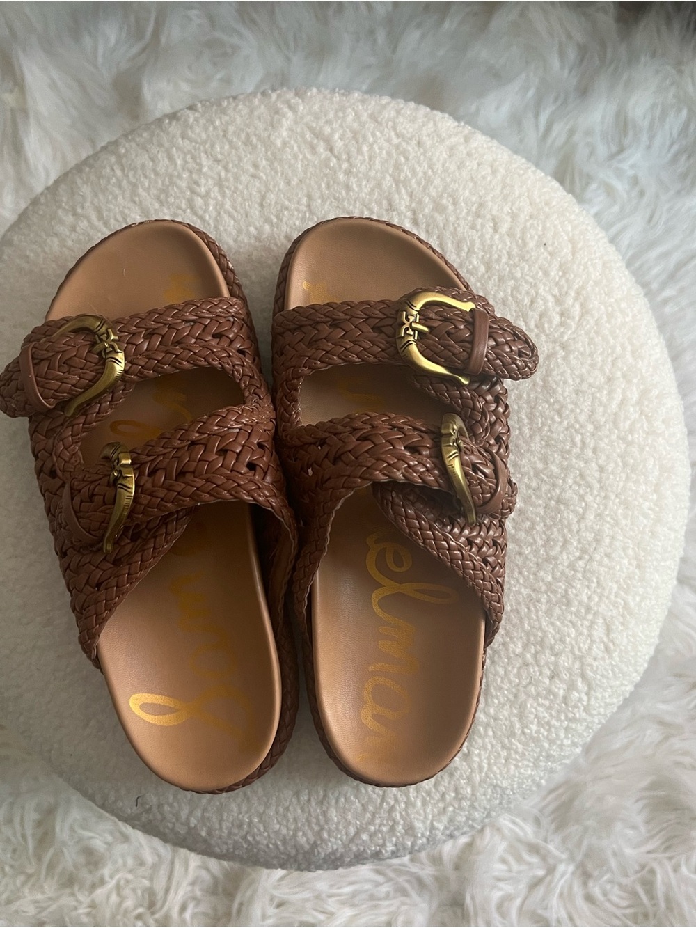 Sam Edelman Brown Woven Slide Sandals with Gold Buckles